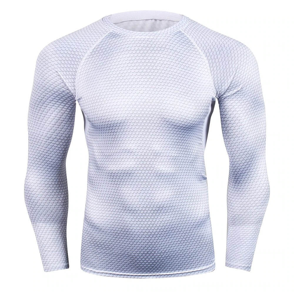 Men's compression long sleeve o-neck top in white with snake skin 3D print, perfect for running and CrossFit, SF0576.